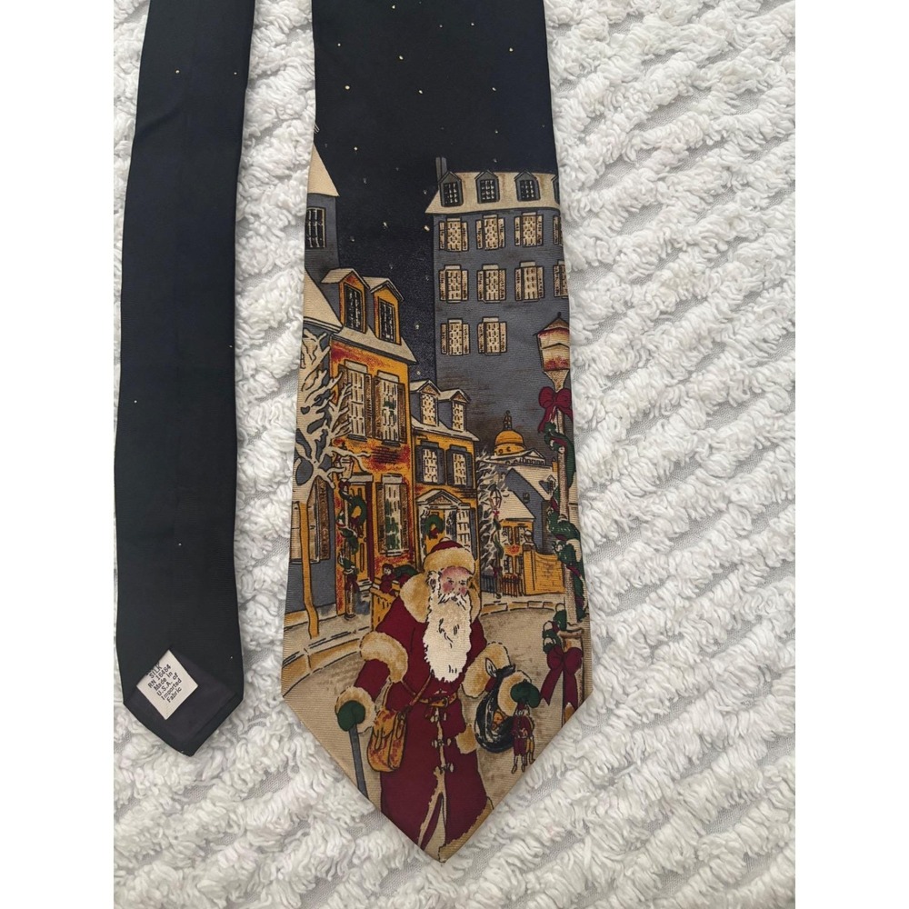 Mark Alexander Mens Silk Christmas Tie Santa Claus Village Black Holiday Necktie